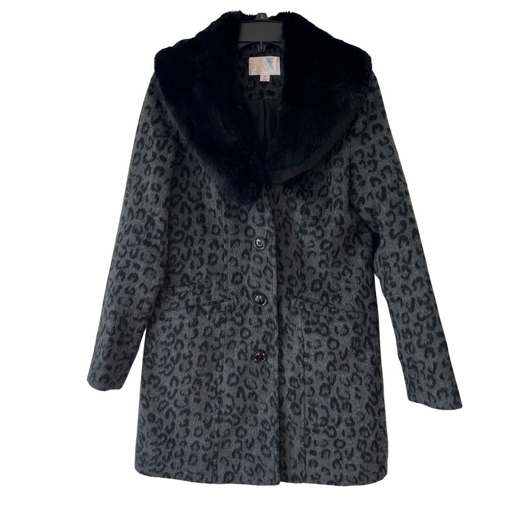Cheetah Print Overcoat Removable Faux Fur Collar Black Grey Wool Blend Long Coat
